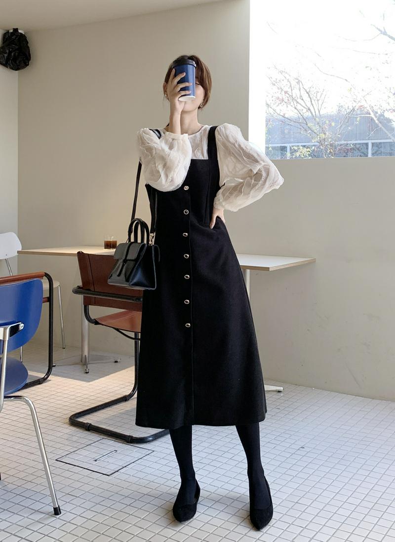 バックジップボタンラインワンピース