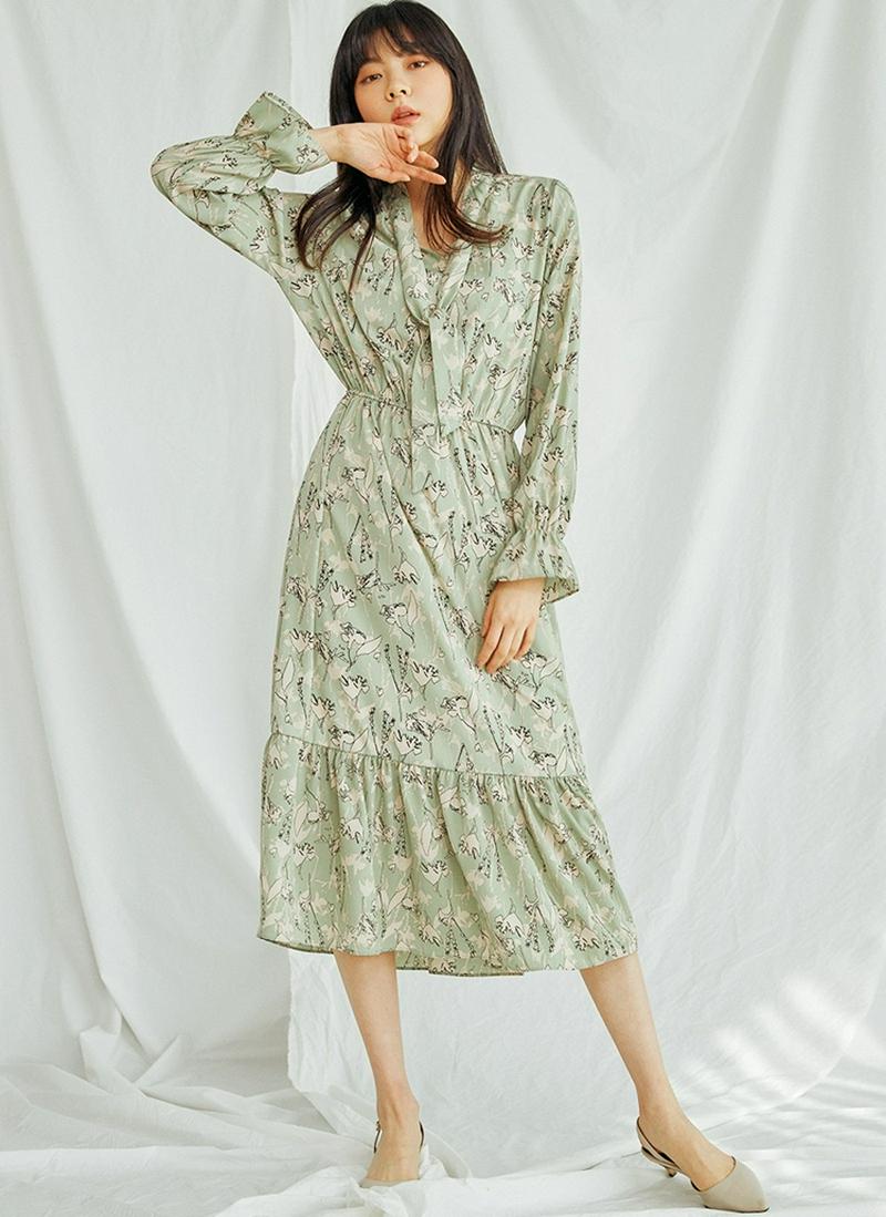 フラワーパターンボウタイワンピース(ミント)