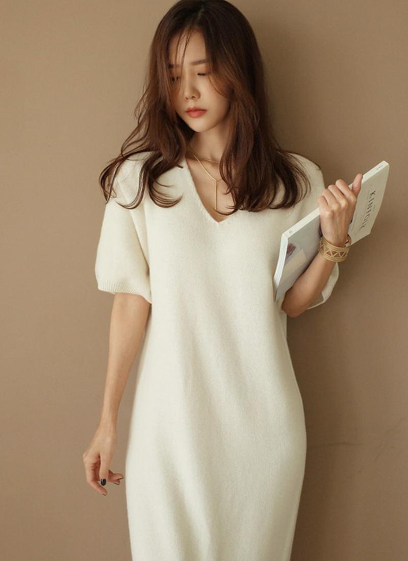 半袖カシミヤ混ニットワンピース