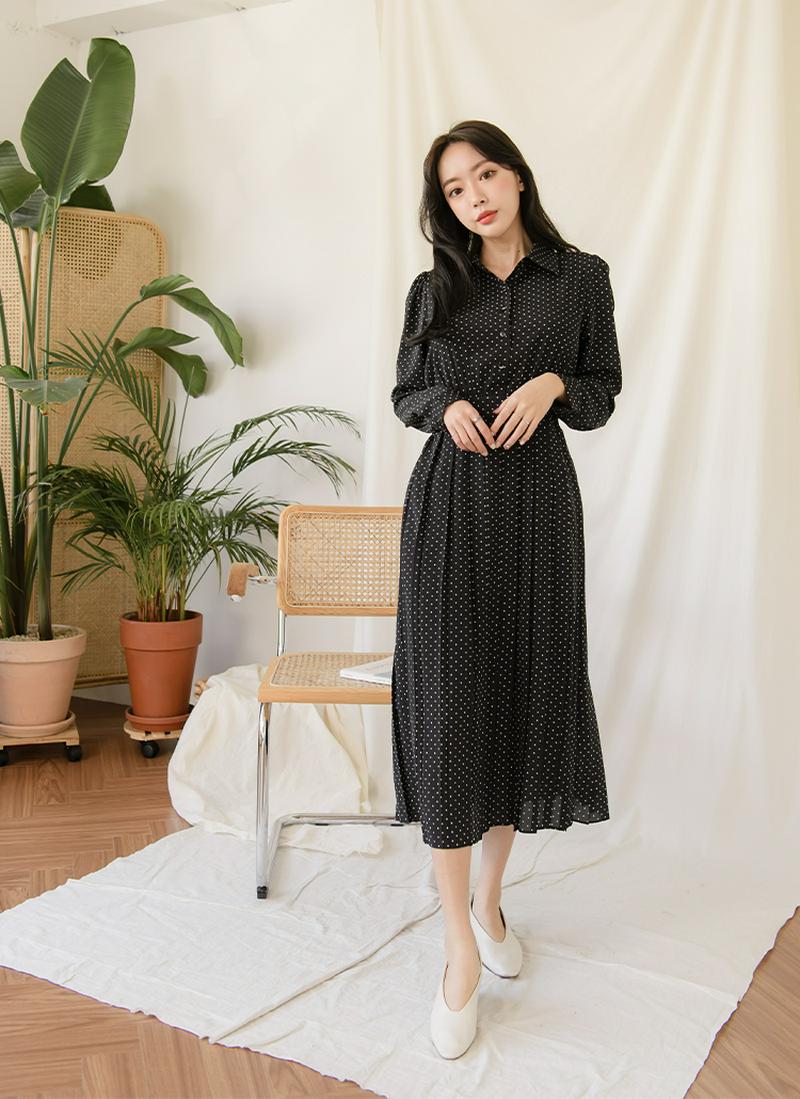 バックリボンドットプリーツワンピース