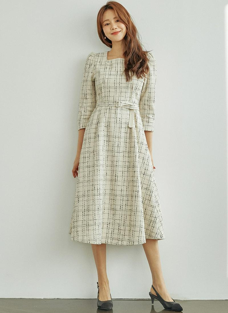 スクエアネックツイードワンピース