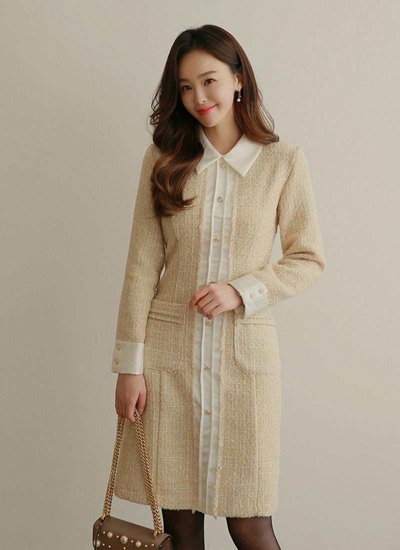 ツイードゴールドボタンワンピース