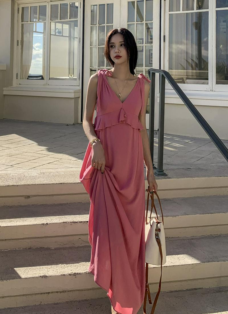 ノットショルダーフリルロングワンピース