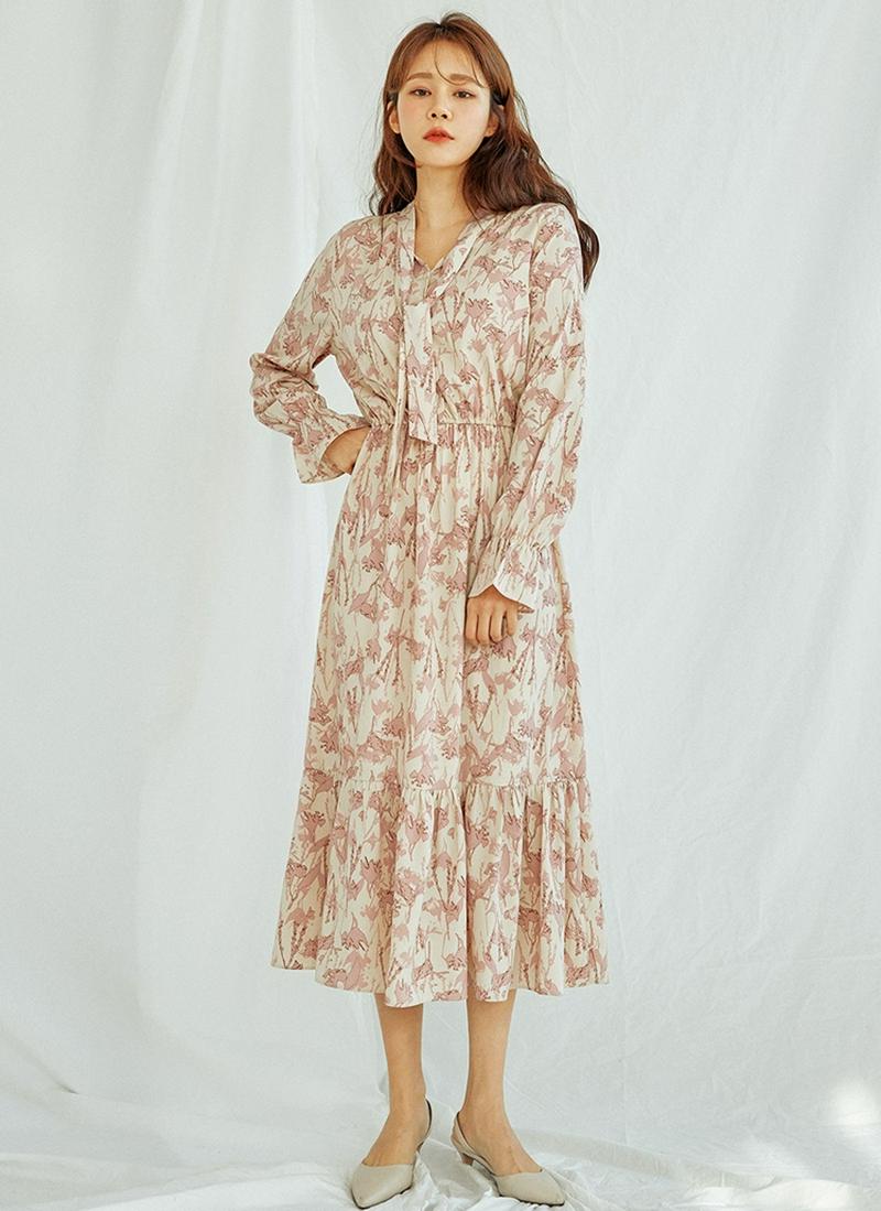 フラワーパターンボウタイワンピース(ピンク)