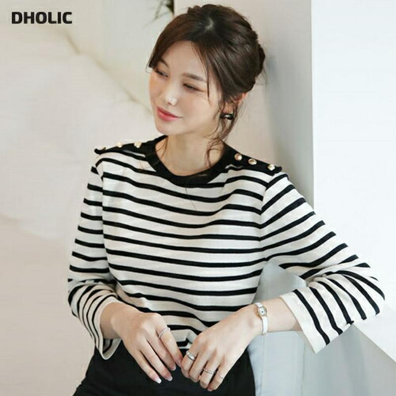 【只今10%OFF】ボタンボーダーニット・全3色・b60907 レディース【tops】【トップス ニット ニットトップス ボーダ