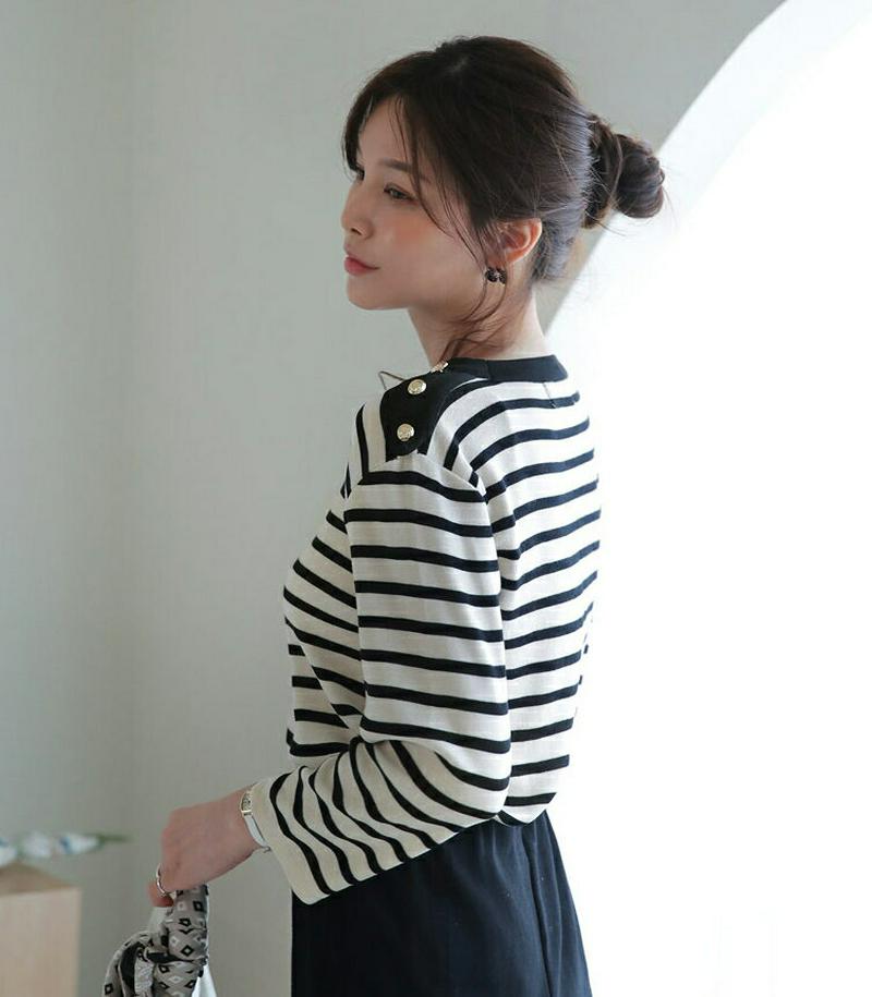 【只今10%OFF】ボタンボーダーニット・全3色・b60907 レディース【tops】【トップス ニット ニットトップス ボーダ