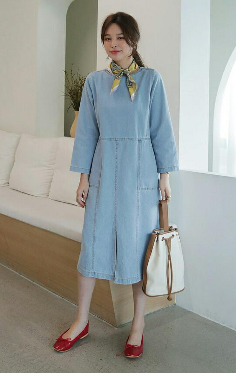 【只今10%OFF】ステッチデニムワンピース・全2色・b60911 レディース【ops】【ワンピース ミディ丈 ミディワンピース