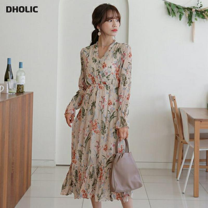 リンクルフローラルワンピース・全2色・b57679 レディース 【ops】 ワンピース ロングワンピース 花柄 Vネック リンクル 花柄ワンピース フレア 長袖 秋 春 冬