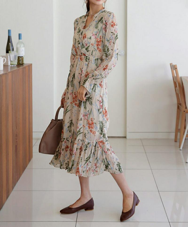 リンクルフローラルワンピース・全2色・b57679 レディース 【ops】 ワンピース ロングワンピース 花柄 Vネック リンクル 花柄ワンピース フレア 長袖 秋 春 冬