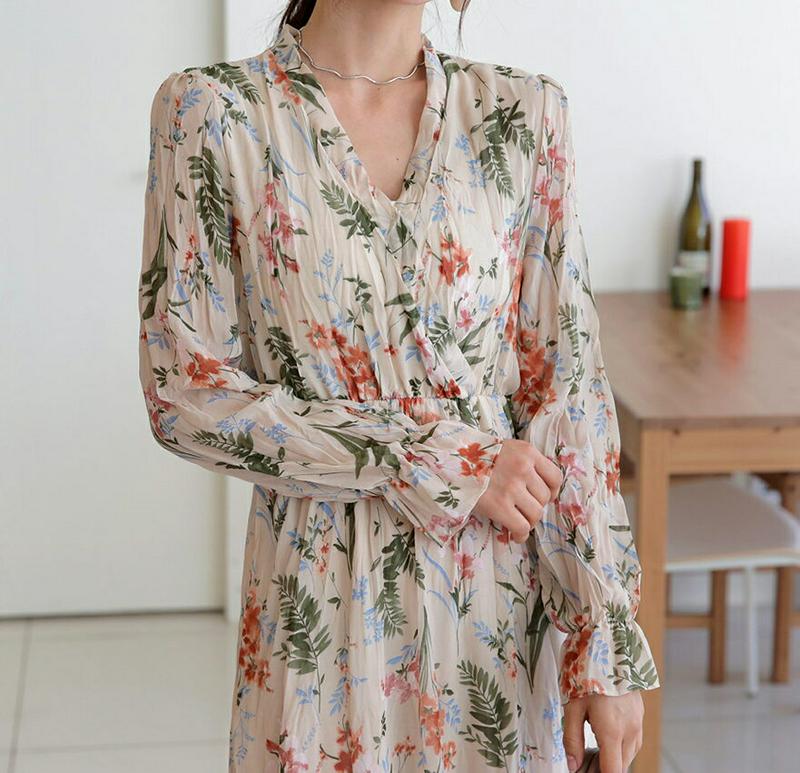 リンクルフローラルワンピース・全2色・b57679 レディース 【ops】 ワンピース ロングワンピース 花柄 Vネック リンクル 花柄ワンピース フレア 長袖 秋 春 冬