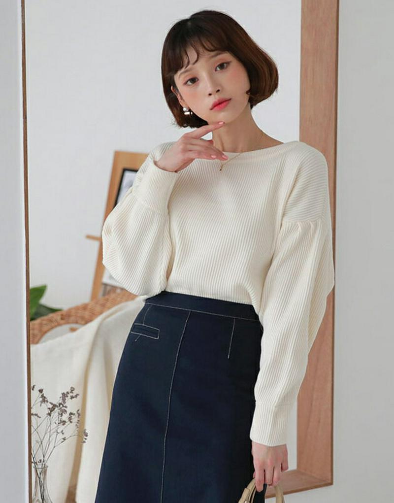 【只今10%OFF】2TYPEリブパフニット・全3色・t57661 レディース 【tops】【トップス ラウンドネック パフスリ