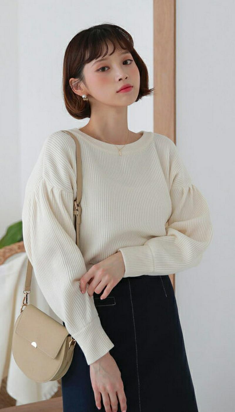 【只今10%OFF】2TYPEリブパフニット・全3色・t57661 レディース 【tops】【トップス ラウンドネック パフスリ