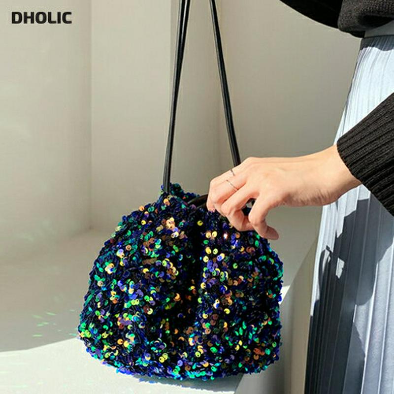即日配送 スパンコール巾着バッグ・全4色・d60882 レディース【bag】 バッグ 巾着 巾着バッグ 巾着型 スパンコール 派手 可愛い かわいい カジュアル ミニバッグ ドロスト 上品 きらきら 結婚式 シルバー 緑 グリーン ブルー 青　黒 ブラック ハイホリHIHOLLI