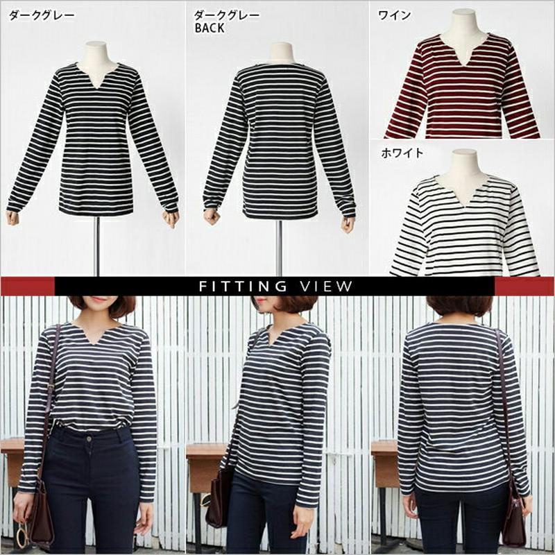 【只今10%OFF】《人気商品再入荷》ポイントVネックボーダートップス・全3色 e45163-2 レディース【tops】【ボーダ