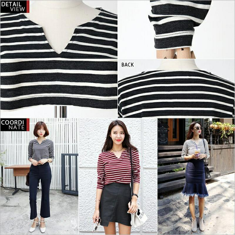 【只今10%OFF】《人気商品再入荷》ポイントVネックボーダートップス・全3色 e45163-2 レディース【tops】【ボーダ