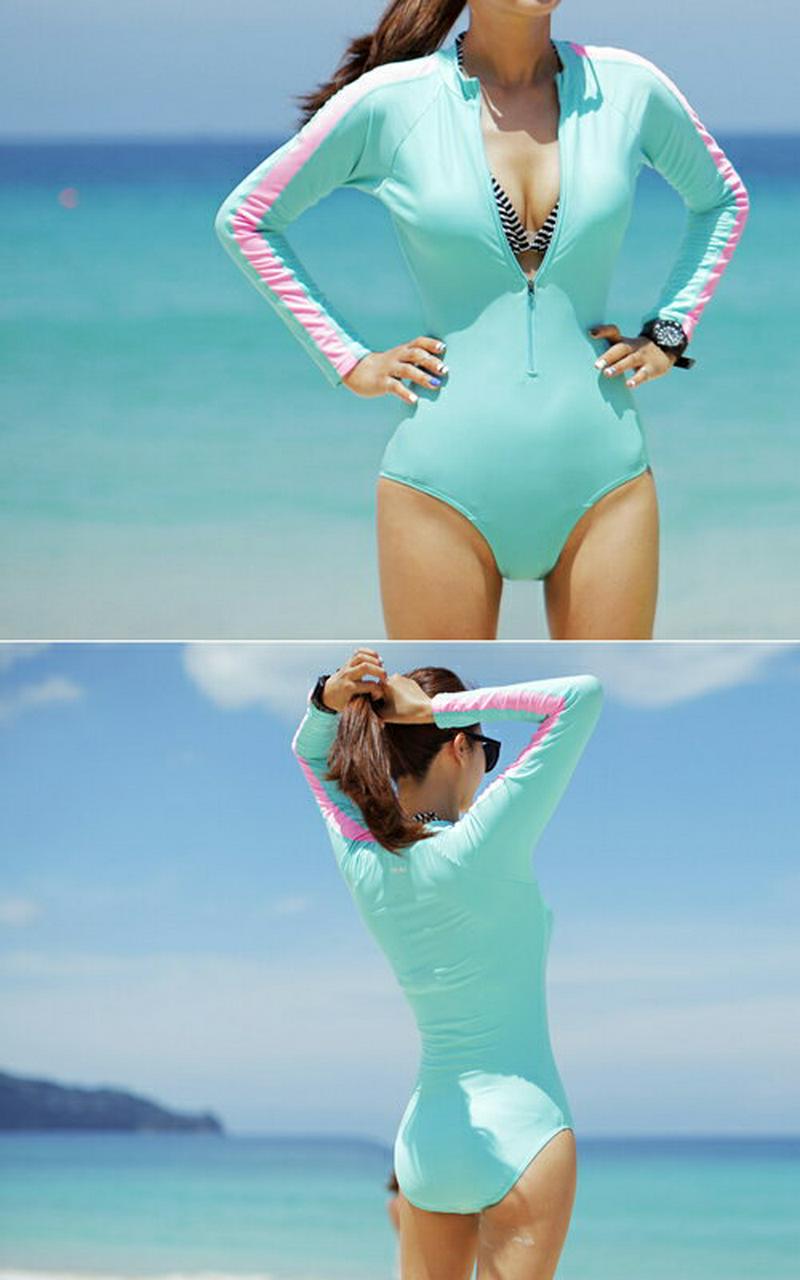 【只今10%OFF】UPF50＋ラインロングスリーブジップアップワンピース水着・全3色・e42596 レディース【bw-2015