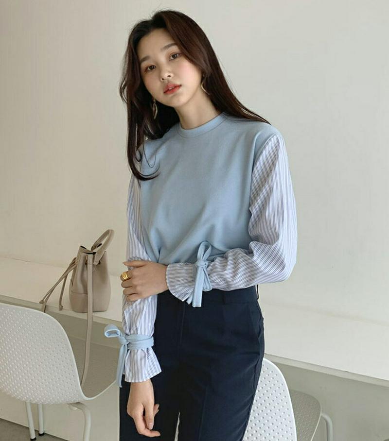 【只今10%OFF】ストライプスリーブTシャツ・全4色・b54748 レディース 【tops】【トップス Tシャツ レイヤード風