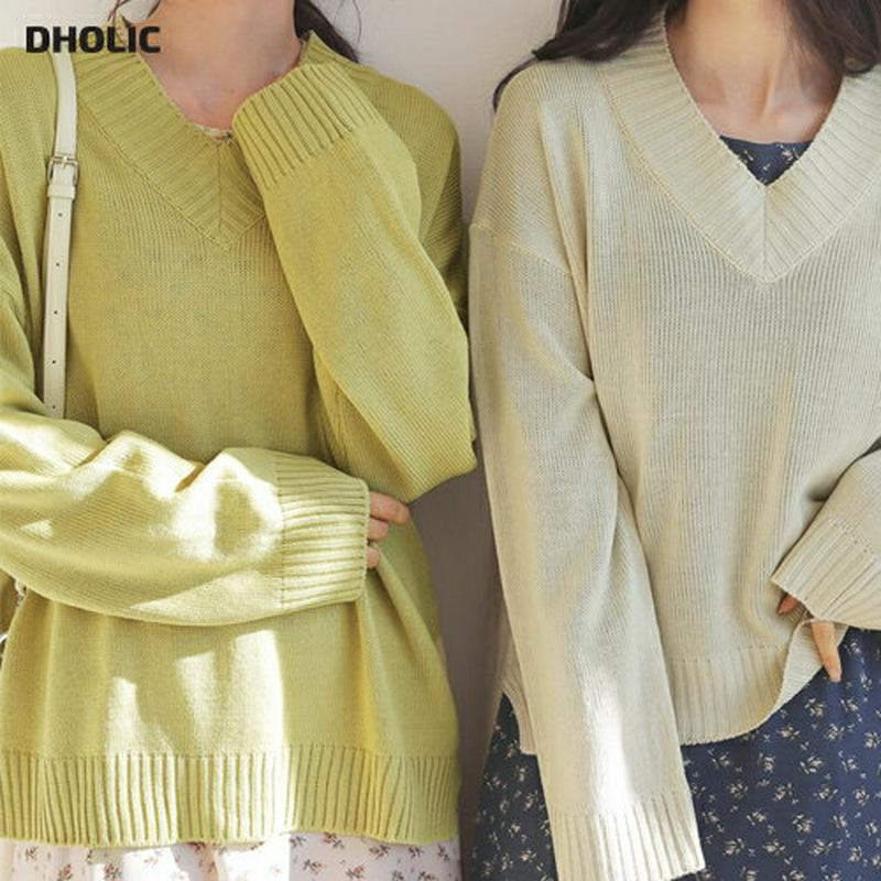 【只今10%OFF】アンバランスヘムVネックニット・全6色・t54755 レディース 【tops】【ニット Vネック リブ 長袖