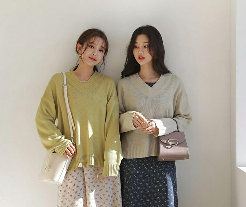 【只今10%OFF】アンバランスヘムVネックニット・全6色・t54755 レディース 【tops】【ニット Vネック リブ 長袖