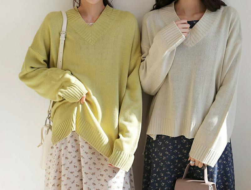 【只今10%OFF】アンバランスヘムVネックニット・全6色・t54755 レディース 【tops】【ニット Vネック リブ 長袖