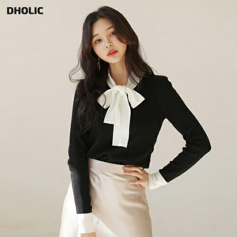 【只今10%OFF】配色リボンニット・全2色・b54749 レディース 【tops】【トップス ニット リボン 配色 スリム 長