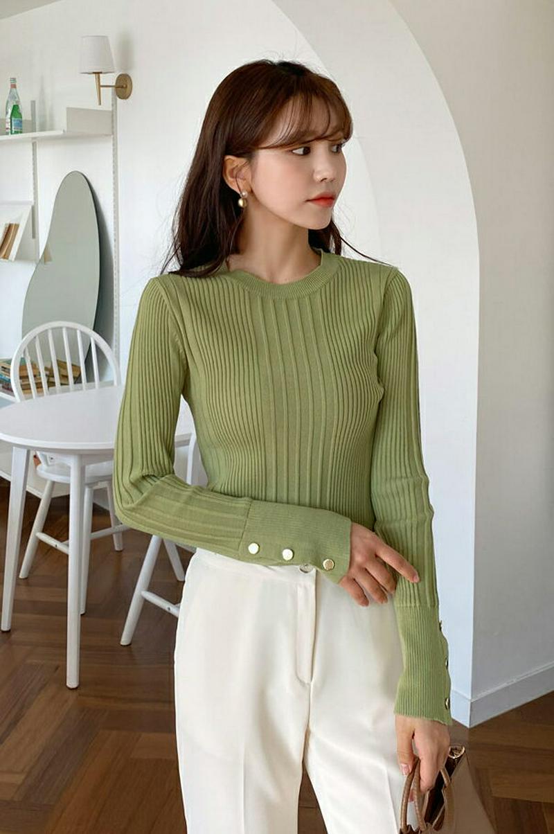 スリーブボタンリブニット・全3色・b57790 レディース 【tops】【トップス リブニット ニット 長袖 ラウンドネック ス