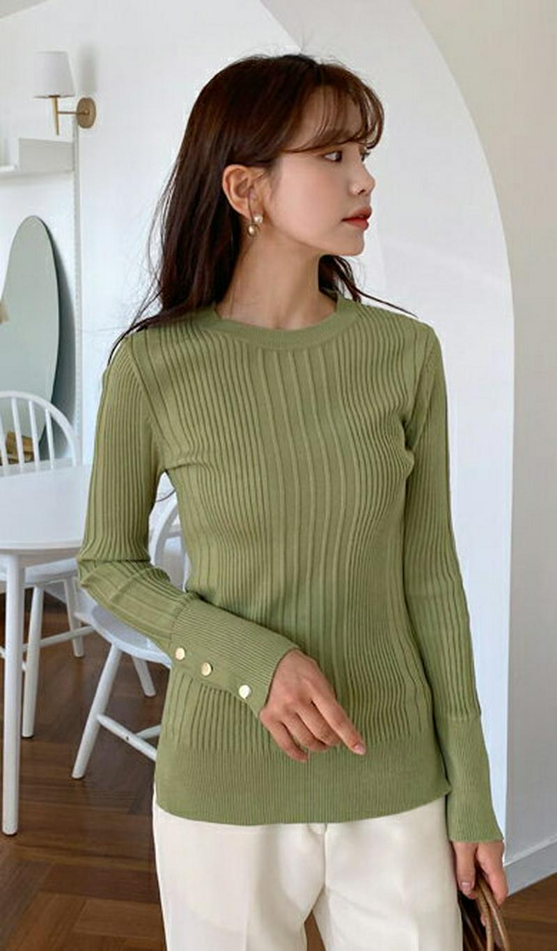 スリーブボタンリブニット・全3色・b57790 レディース 【tops】【トップス リブニット ニット 長袖 ラウンドネック ス