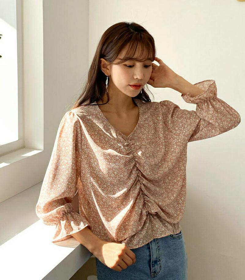シャーリング花柄ブラウス・全3色・b57783 レディース 【bl】【ブラウス トップス 長袖 Vネック シャーリング ギャザー