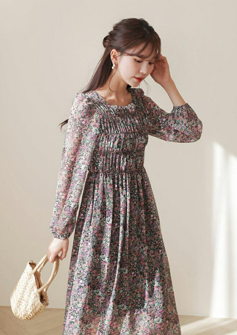 シャーリングフローラルワンピース・全2色・t57822 レディース 【ops】【ワンピース ロング ロング丈 ロングワンピース 