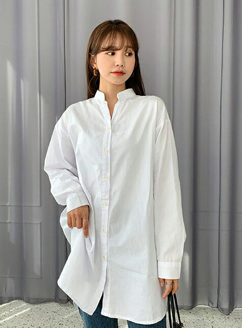 スリットネックルーズシャツ・全2色・b57821 レディース 【bl】【シャツ ブラウス ロング ロング丈 マンダリンネック マ