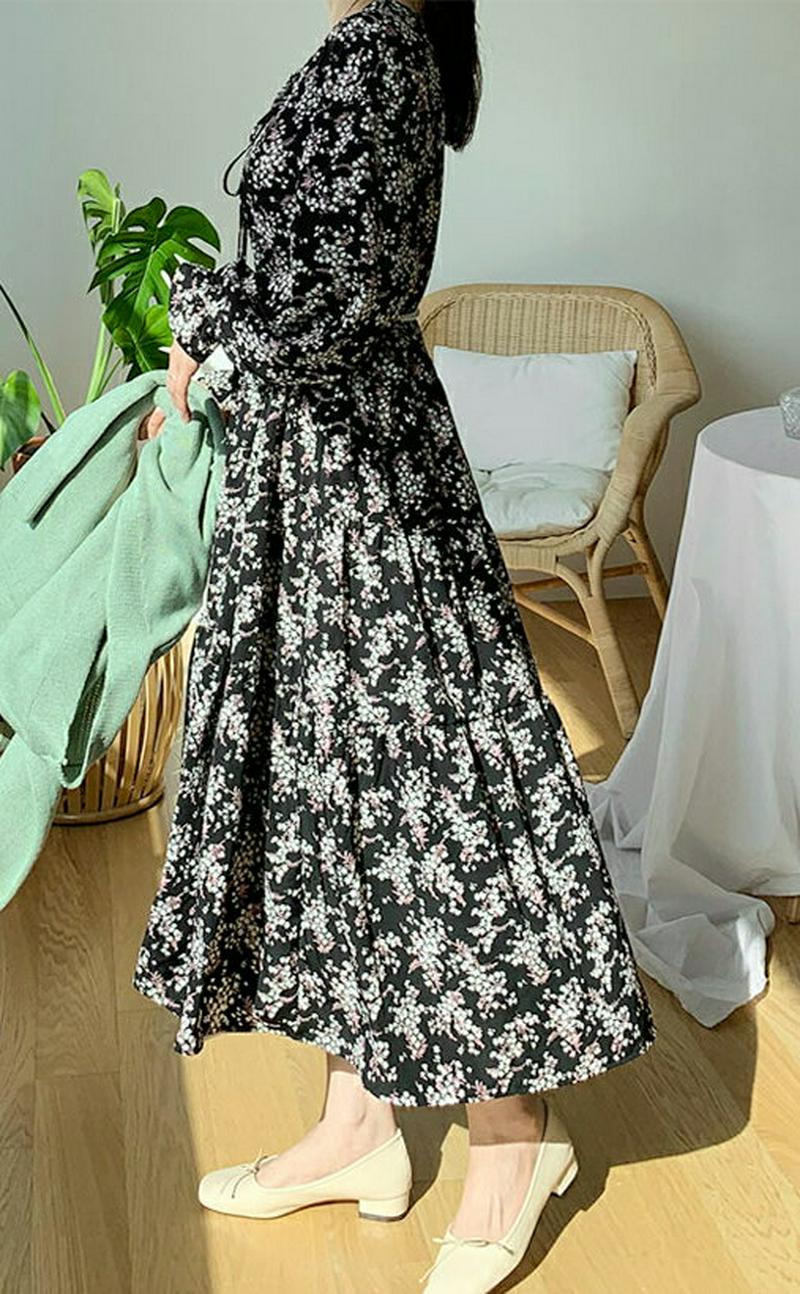 【只今10%OFF】リボンギャザー花柄ワンピース・全2色・b60955 レディース【ops】【ワンピース ロング ロングワンピー