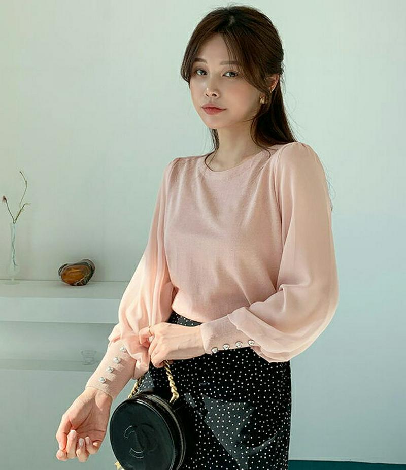 【只今10%OFF】ボタンシフォンスリーブニット・全4色・b60944 レディース【tops】【トップス ニット ニットトップス
