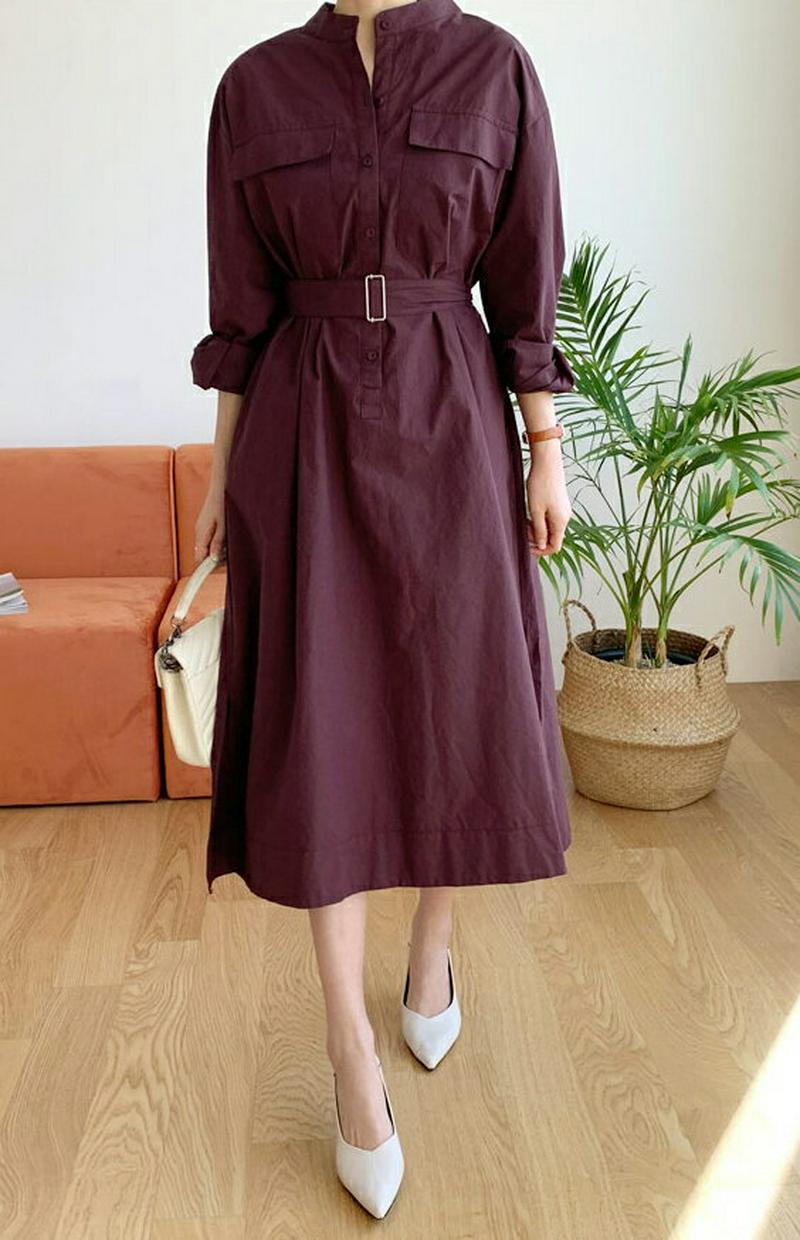 ベルト付バンドカラーワンピース・全4色・b60956 レディース【ops】【ワンピース ロング ロングワンピース 長袖 バンドカ