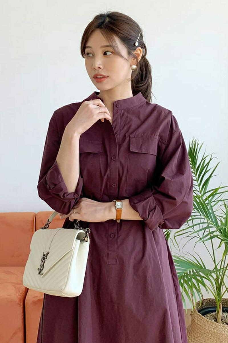 ベルト付バンドカラーワンピース・全4色・b60956 レディース【ops】【ワンピース ロング ロングワンピース 長袖 バンドカ