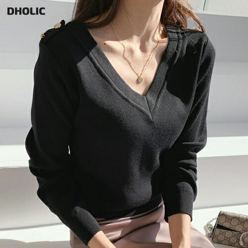 【只今10%OFF】ショルダーボタンVネックニット・全2色・b55281 レディース 【tops】【トップス Vネック ボタン 