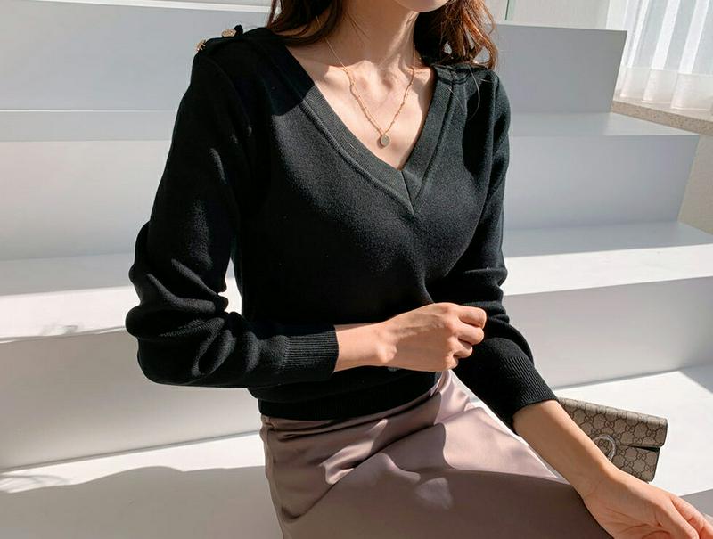 【只今10%OFF】ショルダーボタンVネックニット・全2色・b55281 レディース 【tops】【トップス Vネック ボタン 