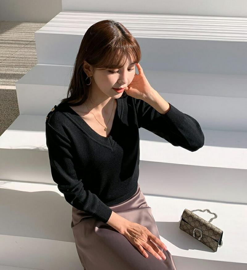 【只今10%OFF】ショルダーボタンVネックニット・全2色・b55281 レディース 【tops】【トップス Vネック ボタン 