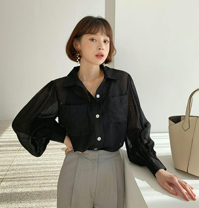 【只今10%OFF】ポケットシアーシャツブラウス・全2色・t55284 レディース 【bl】【ブラウス トップス 長袖 パフスリ