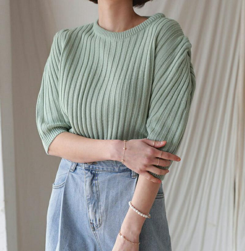 【只今10%OFF】ハーフパフスリーブリブニット・全4色・b57705 レディース 【tops】【トップス ニット ラウンドネッ