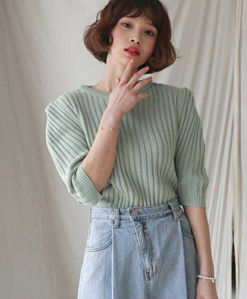【只今10%OFF】ハーフパフスリーブリブニット・全4色・b57705 レディース 【tops】【トップス ニット ラウンドネッ