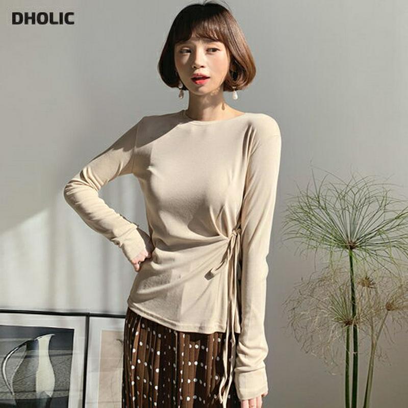 【只今10%OFF】サイドリボンスリムTシャツ・全4色・t55276 レディース 【tops】【トップス 長袖 ラウンドネック 