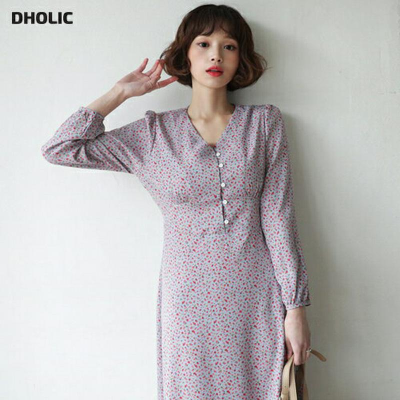 Dholic ディーホリック の 只今10 Off Vネックボタン花柄ワンピース 全3色 T レディース Ops ワンピース ロング ロングワンピ Parte