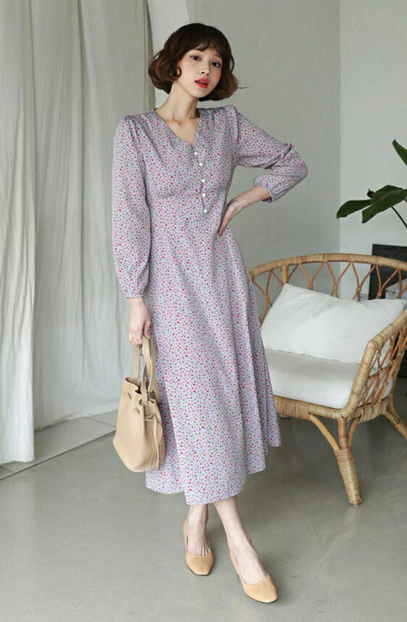 【只今10%OFF】Vネックボタン花柄ワンピース・全3色・t57711 レディース 【ops】【ワンピース ロング ロングワンピ