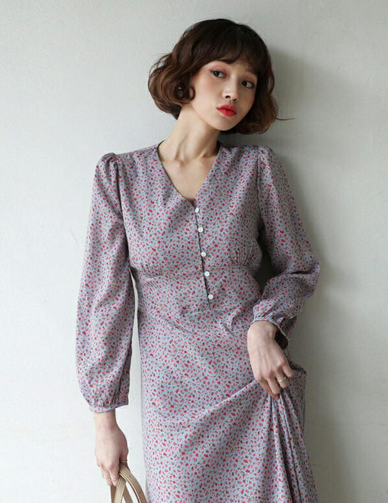 【只今10%OFF】Vネックボタン花柄ワンピース・全3色・t57711 レディース 【ops】【ワンピース ロング ロングワンピ