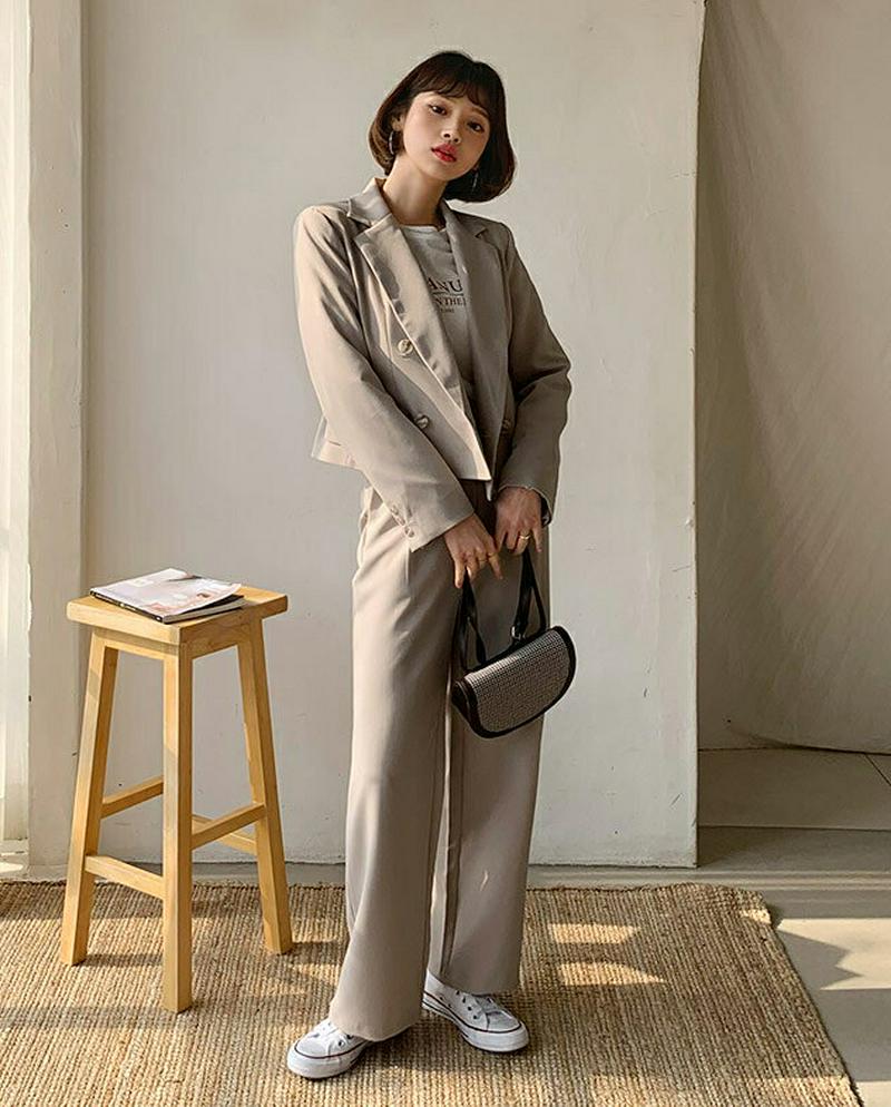 【只今10%OFF】【送料無料】ダブルクロップドジャケット&タックワイドスラックスSET・全2色・t57716 レディース 【p