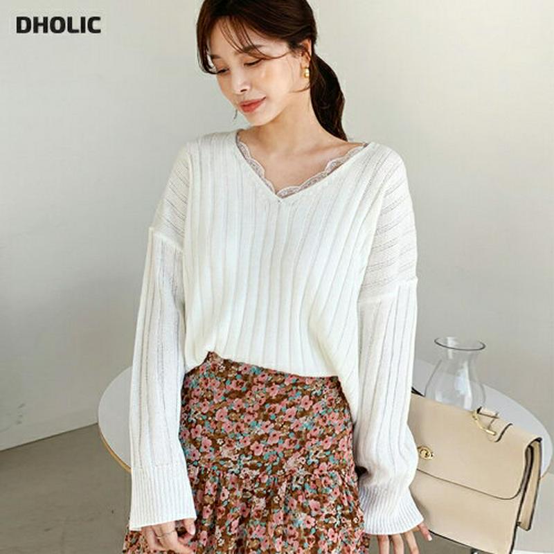【只今10%OFF】リブVネックルーズニット・全6色・t60895 レディース【tops】【トップス ニット ニットトップス 長