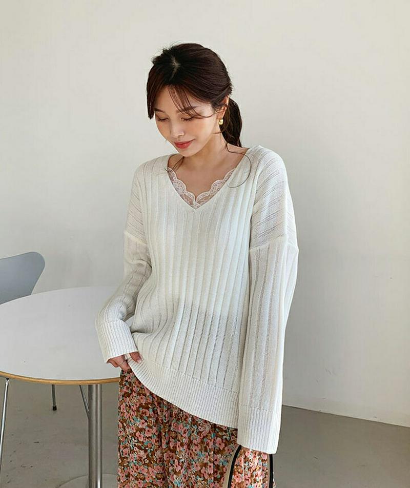 【只今10%OFF】リブVネックルーズニット・全6色・t60895 レディース【tops】【トップス ニット ニットトップス 長