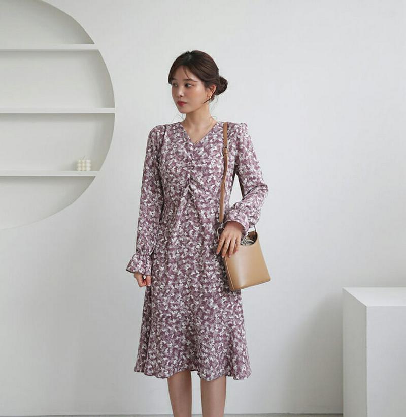 【只今10%OFF】ギャザーフローラルワンピース・全3色・t60898 レディース【ops】【ワンピース ミディ丈 ミディワンピ