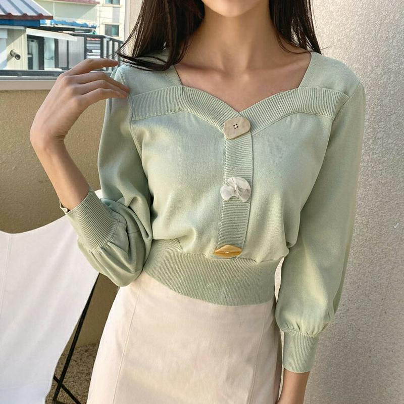 ビッグボタンニット・全2色・e54820 レディース 【tops】【ニット Tシャツ トップス 8分丈 7分丈　パフスリーブ ハ
