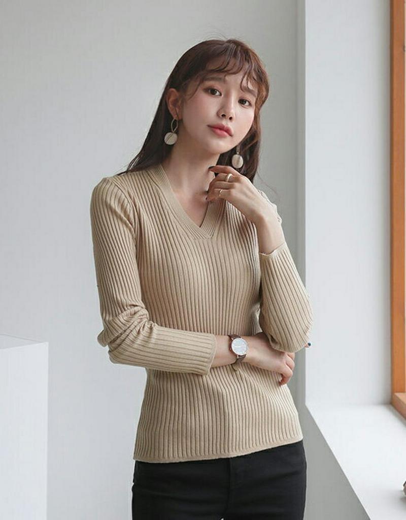 Vネックリブニット・全4色・b55350 レディース 【tops】【トップス Vネック リブ リブニット ニット 長袖 スリム 